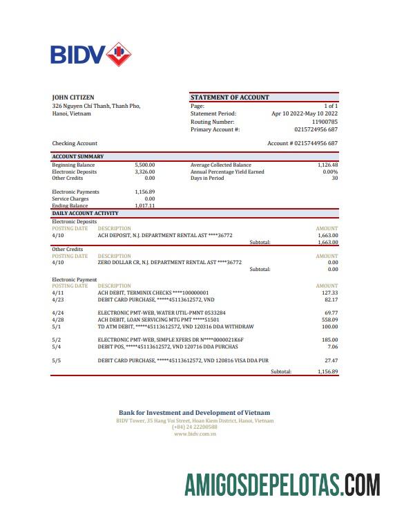 Extrato bancário BIDV do Vietnã para download, modelo Excel e PDF